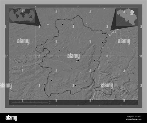 Limburg, province of Belgium. Bilevel elevation map with lakes and rivers. Locations of major ...