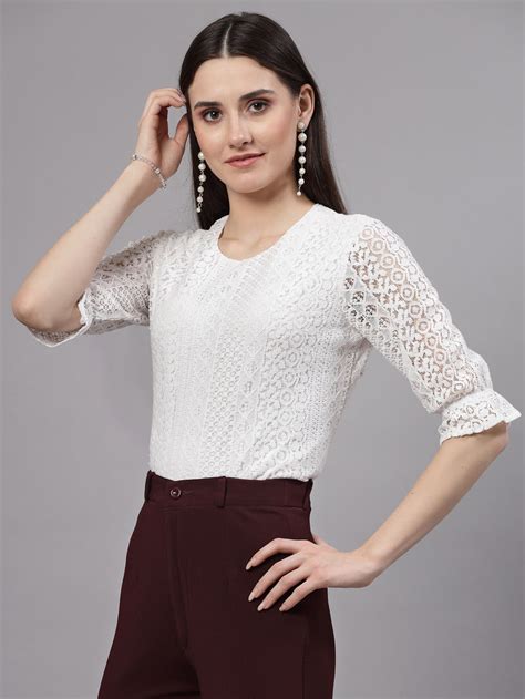 Style Quotient Self Design White Lace Smart Formal Top – foreverformals.in