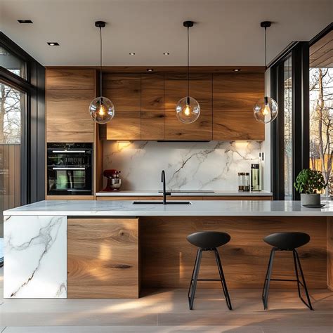 Modern Rustic Charm: Striking Kitchen Design with Wood and Marble Elements