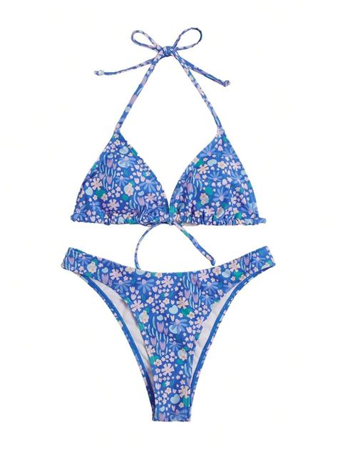 Ditsy Floral Print Halter Triangle Summer Beach Bikini Set | SHEIN USA