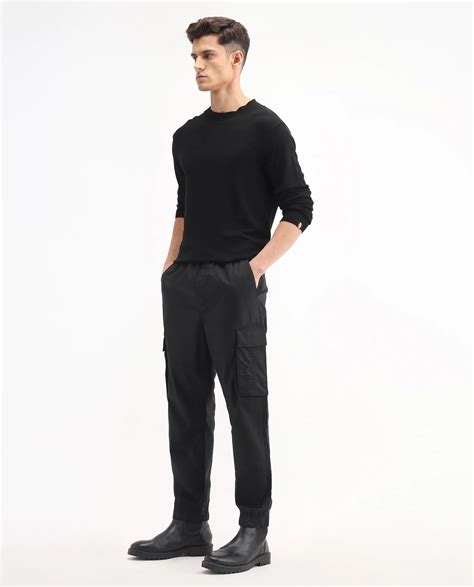 Rare Rabbit Men's Korb Black Cotton Blend Plain Relaxed Fit Trouser