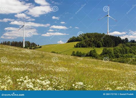 Wind Power Plants and Springtime Meadow Stock Image - Image of blooming ...