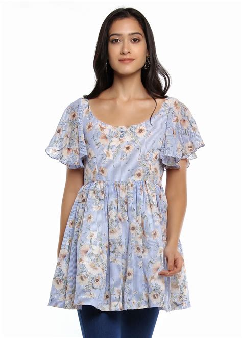 Get Flared Sleeve Detail Floral Printed Blue Peplum Top at ₹ 1600 | LBB ...