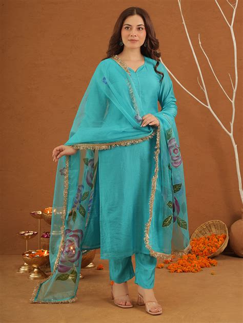 Yellow Mirror Work Silk Blend Suit - Set of 3