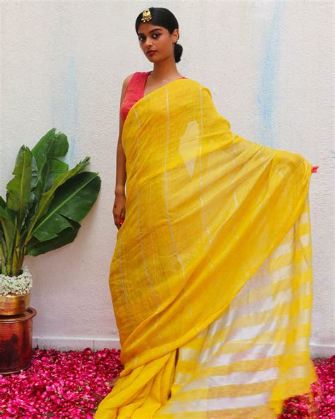 Arunima Yellow Handwoven Linen Zari Saree - Eknoor