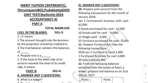 11th Accountancy Unit Test ( Unit 3 to 5) Question Paper English Medium ...