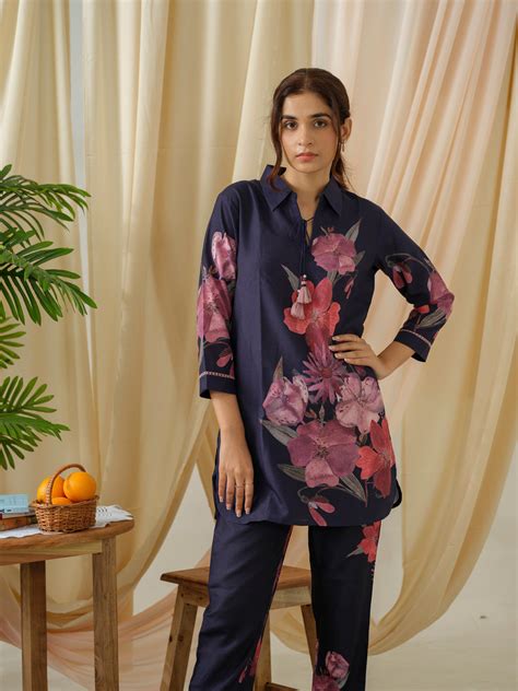 Navy Blue Floral Printed Linen Co-Ords – Buy Best Ethnic Wear for Women ...