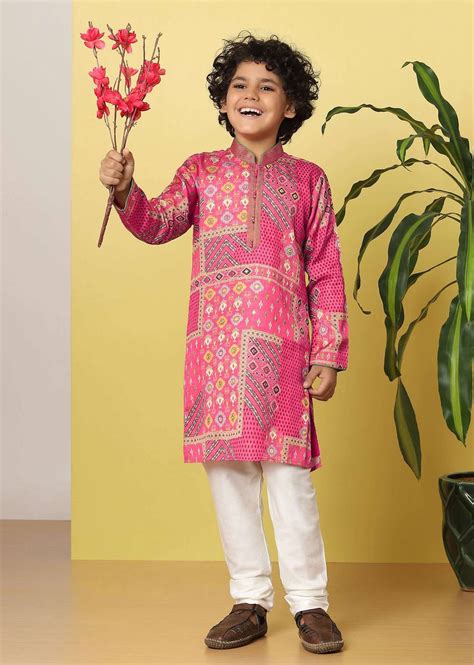 Buy Kalki Fuschia Pink Boys Kurta Set In Silk With Mirror And Zari Work ...