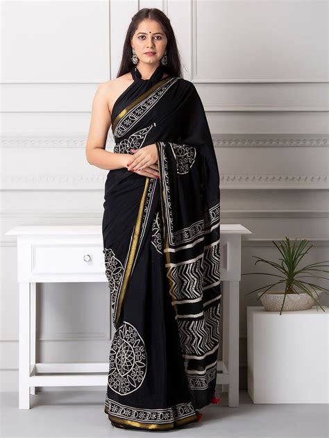 Black Hand Block Printed Mulmul Zari Saree
