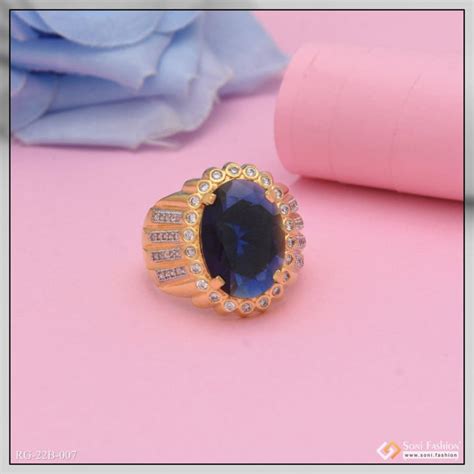 1 Gram Gold Plated Blue Stone with Diamond Glamorous Design Ring - Sty ...