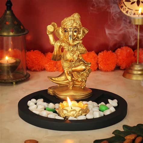 Buy | Gold-Toned and Brown Ganesha Idol with Tray and Tealight Candles ...