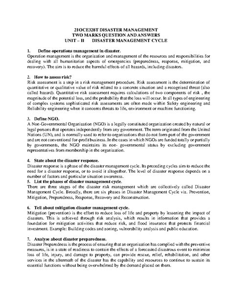 2mark unit 2 - 2 MARKS QB - 21OCE328T DISASTER MANAGEMENT TWO MARKS ...