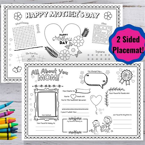 Mother's Day Activity Placemat, Kids' Coloring Page (digital PDF) - Etsy