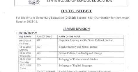JKBOSE Date Sheet for D.El.Ed Second Year Exam for Session Regular 2013 ...