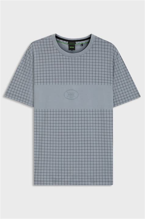 BOSS - Pima-cotton T-shirt with check print - Grey