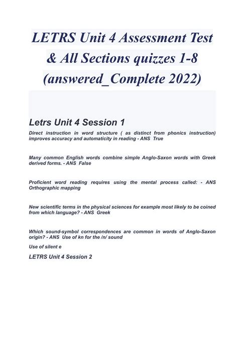 LETRS Unit 4 Assessment Test & All Sections quizzes 1-8 AND FINAL ...