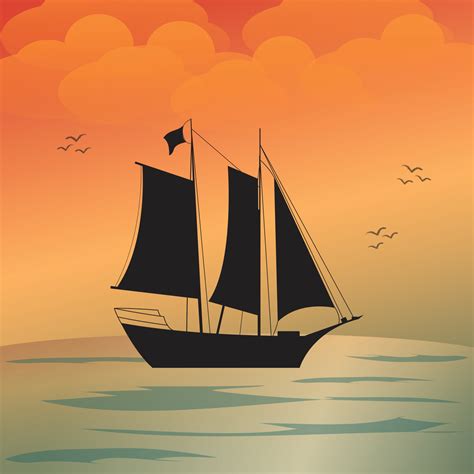 Sailing boat illustration. sunset or sunrise on the sea. boat at the ocean. vector illustration ...