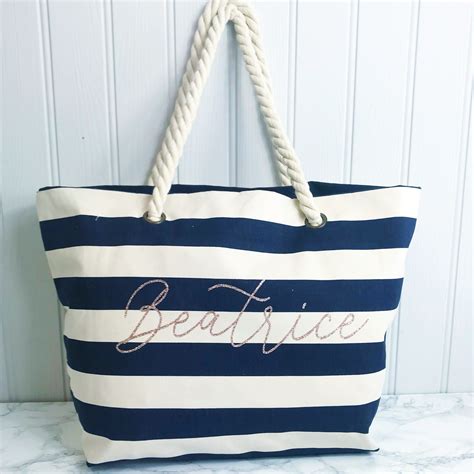 Personalised Navy Stripe Canvas and Rope Tote Beach Bag With Any Phrase ...