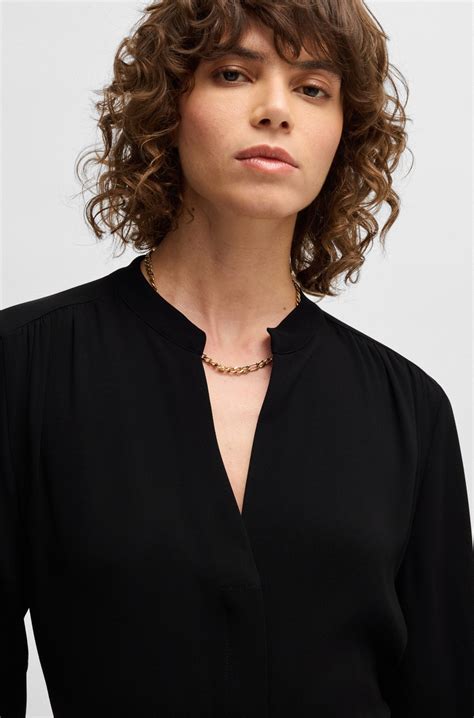 BOSS - Belted dress with collarless V neckline and button cuffs - Black