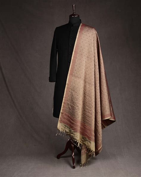 Metallic Beige Paisley Jamawar Handwoven Silk Wool Tissue Unisex Dress