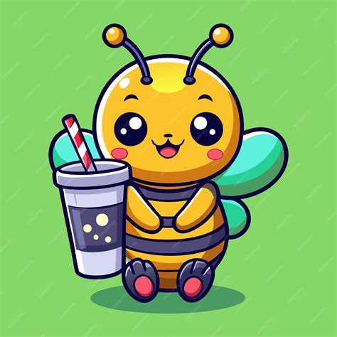 Download Cute Bee Holding Boba Milk Tea Drink Cartoon Vector Icon ...