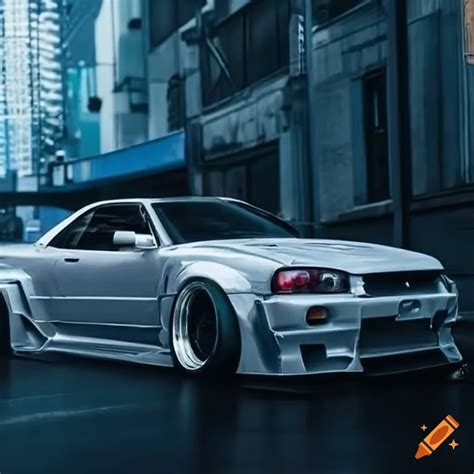 Nissan Skyline R34 GTR on Japanese streets with wide body kit on Craiyon