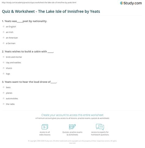 Quiz & Worksheet - The Lake Isle of Innisfree by Yeats | Study.com