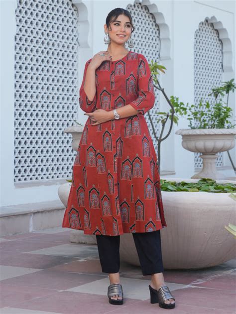 Buy Soft Cotton Mughal Print Flared Rust Kurta, Trousers & Dupatta ...