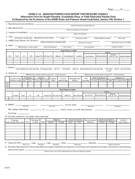 2021-2026 ASME Form U-1A - Blank Fillable Template | Fill Out, Print ...