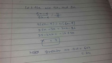 Two numbers are in the ratio 5 : 6 when 4 in subtracted from each ,the ...