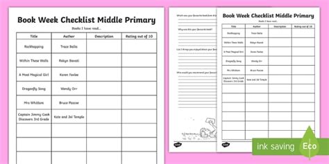 Book Week Middle Primary Checklist