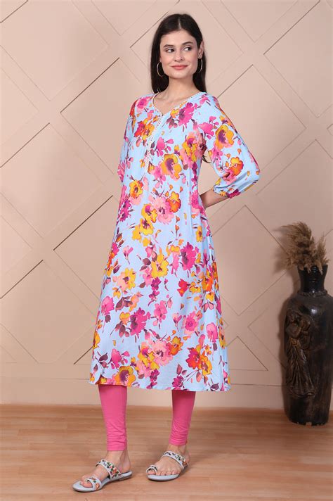 Buy Sky Blue Floral Printed Flared A-line Kurta Online for Woman | Shop ...