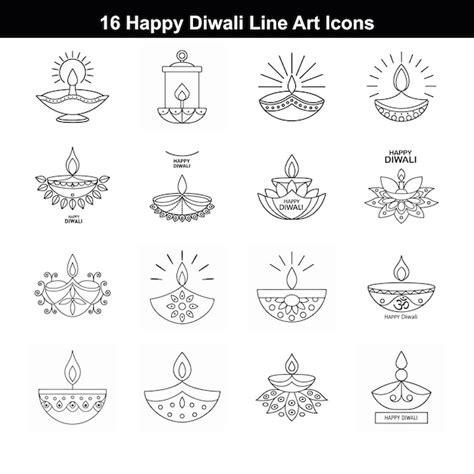 16 Diwali Lamps Line Art Icons | Vecteur Premium