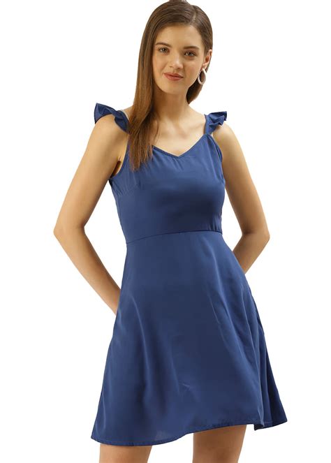 Get Frilled Shoulder Strap Detail Blue Flared Dress at ₹ 1109 | LBB Shop
