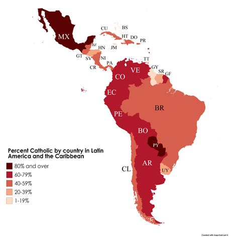 Percent Catholic by country in Latin America and... - Maps on the Web