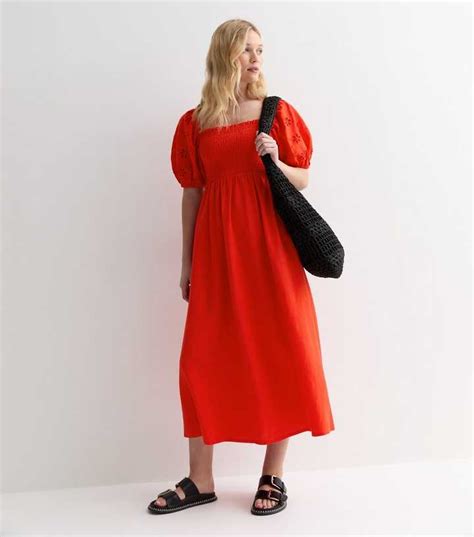 Red Square Neck Embroidered Puffed Sleeve Midi Dress | New Look