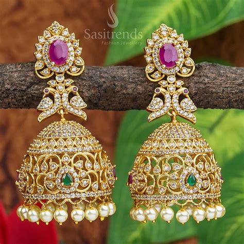 Matte Gold Plated Bridal Jhumka Earrings | Peacock Motif | AD Stones ...