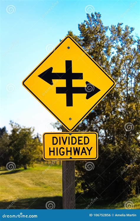 Closeup of a Divided Highway Warning Sign Stock Photo - Image of ...