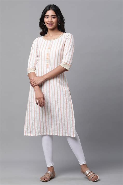 Buy White Stripe Printed Cotton Straight Casual Kurta Online for Woman ...