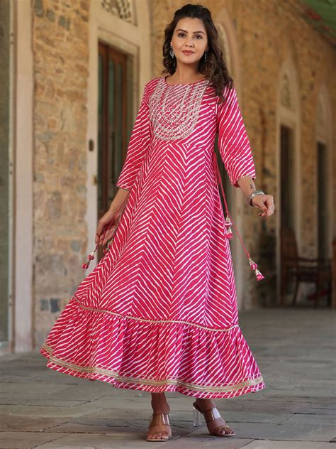 Pink Cotton Leheriya Printed Anarkali Dress with Embroidered Yoke ...