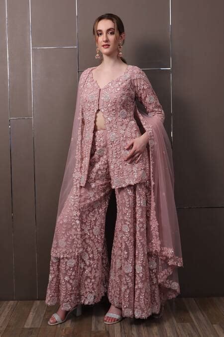 Buy Peach Organza Embroidery, Sequins V-neck Hand Short Kurta Palazzo ...