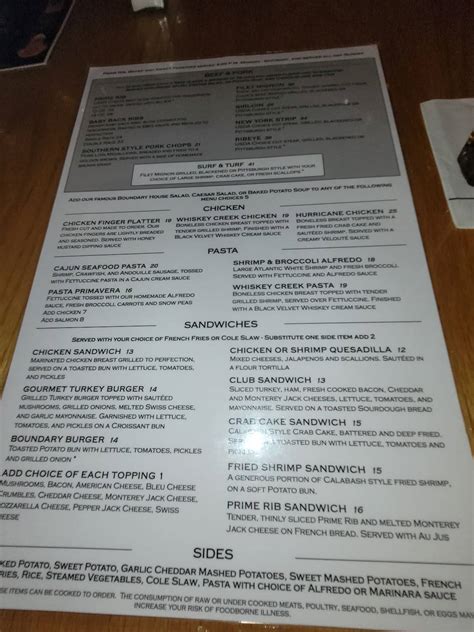Menu at The Boundary House Restaurant, Calabash