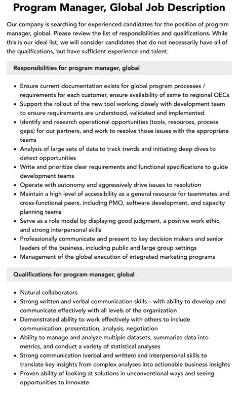 Image result for Job Description for Program Manager