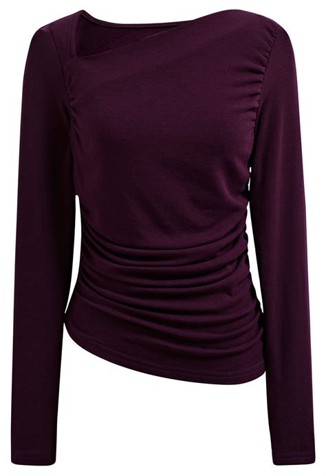 Asymmetric Neck Ruched Long Sleeve Top in Purple - Retro, Indie and ...