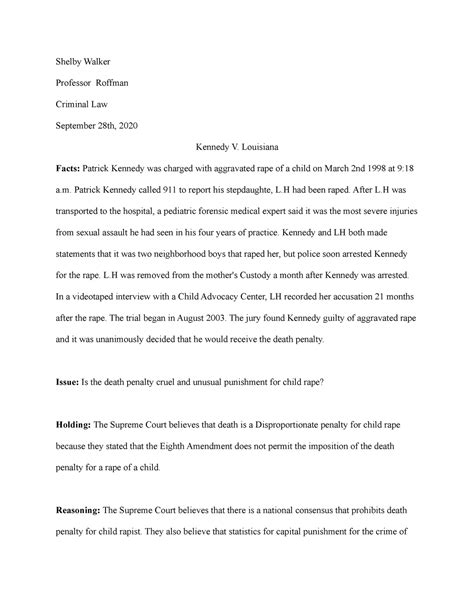 Kennedy V. Louisiana - Case brief - Shel Walker Professor Roffman ...