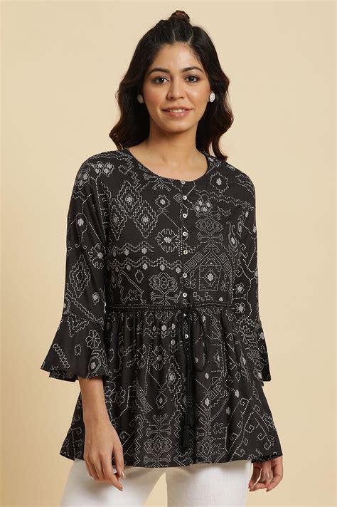 Buy Black A-Line Peplum Printed Top @ 1699 | W for woman – wforwoman