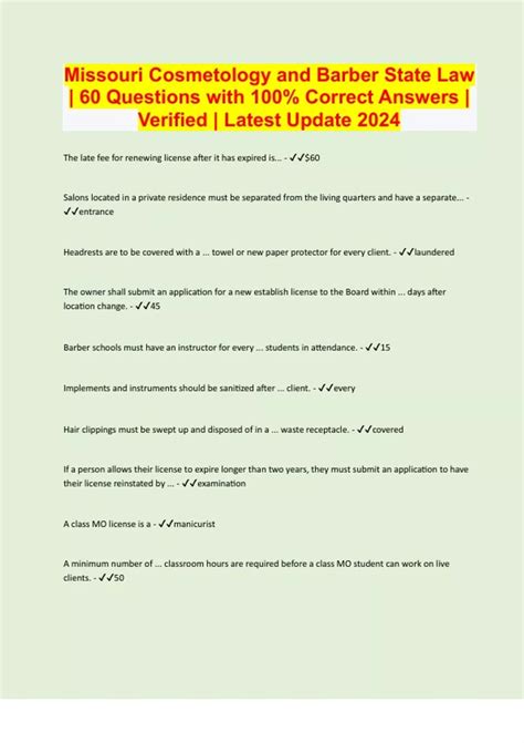 Missouri Cosmetology and Barber State Law | 60 Questions with 100% ...