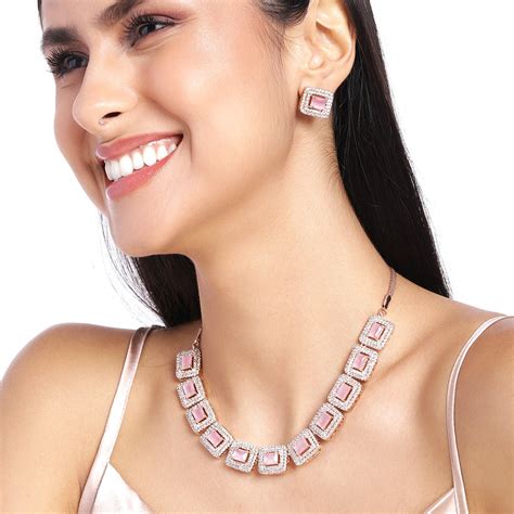 Buy Estele Rose Gold Plated CZ Shimmering Necklace Set with Mint Pink ...