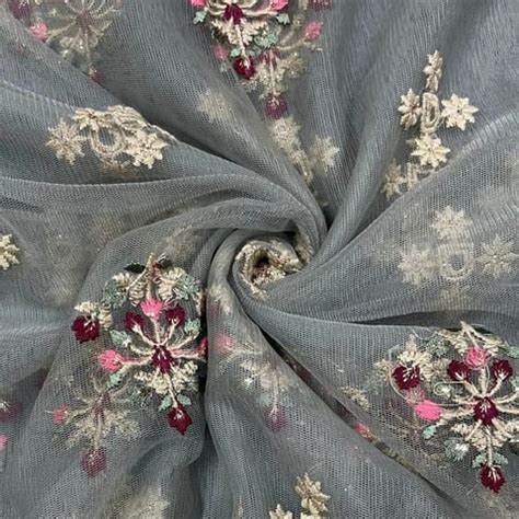Grey Color Net Embroidered Fabric