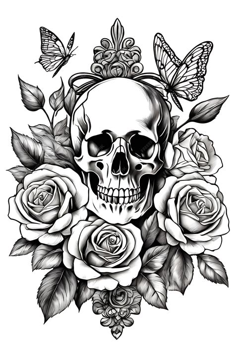 Premium Photo | Skull and Roses Adult Coloring Page Sketch Design Printable
